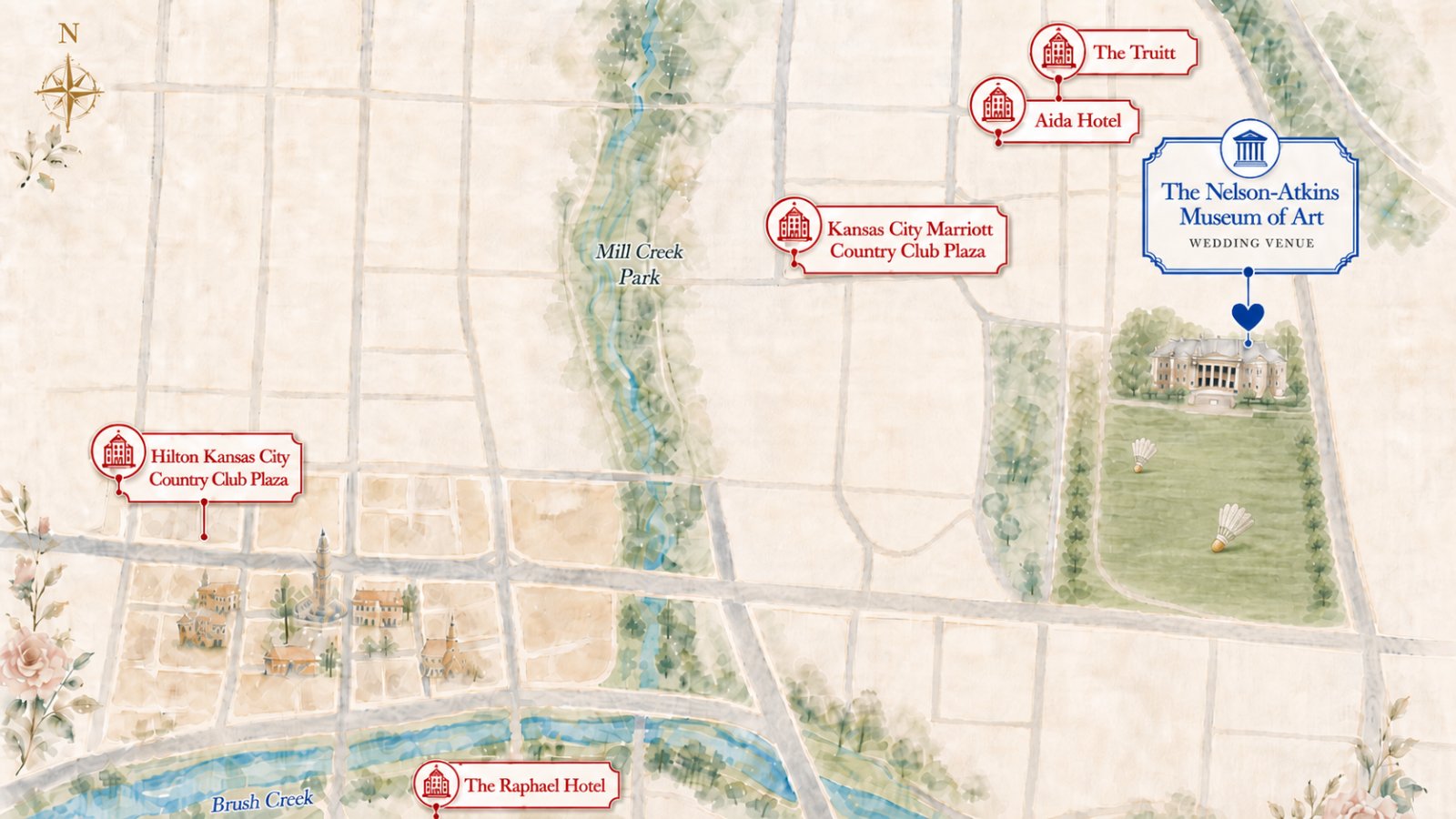 Watercolor map of venue area showing Nelson-Atkins Museum, hotels, and nearby landmarks